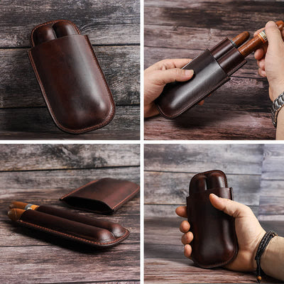 Brown Portable Cigar Humidor Leather Cigar Case (for Two Cigars)