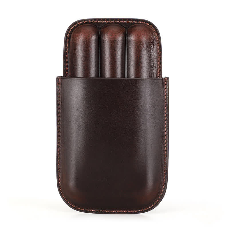 Brown Portable Cigar Humidor Leather Cigar Case (for Three Cigars)