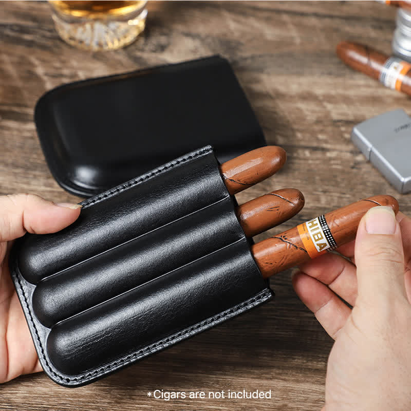 Brown Portable Cigar Humidor Leather Cigar Case (for Three Cigars)