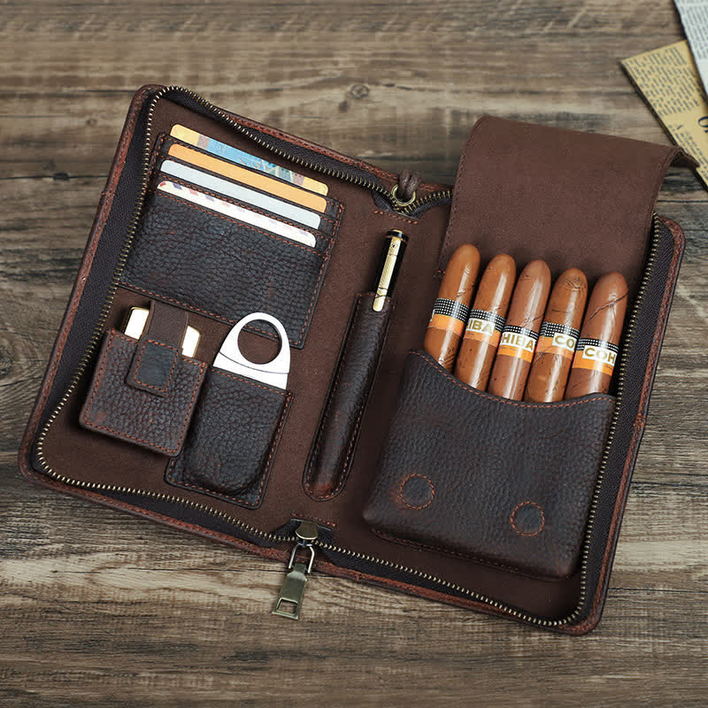 Travel Large Capacity Zipper Leather Cigar Case (For Five Cigars)