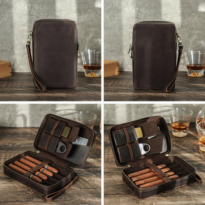 Crazy Horse Cowhide Zipper Leather Cigar Case (For Four Cigars)