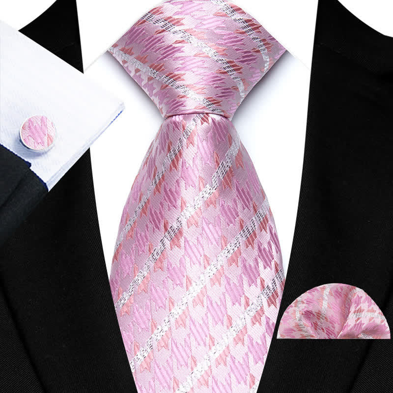 3Pcs Men's Luxury Pink Striped Houndstooth Necktie Set