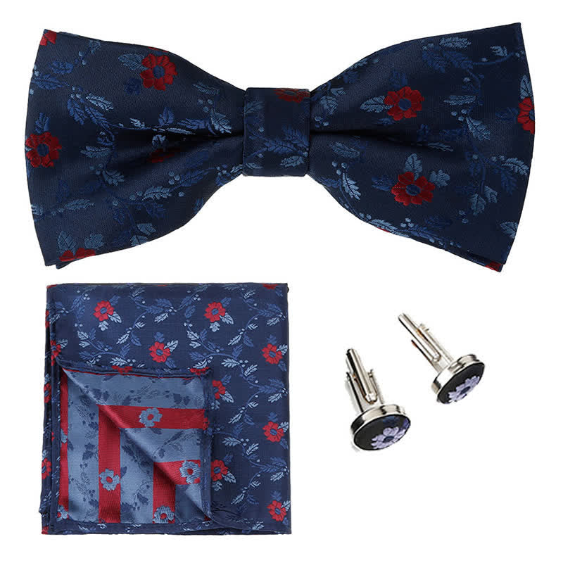 3Pcs Men's Coloured Flowers Pocket Square Bow Tie Set