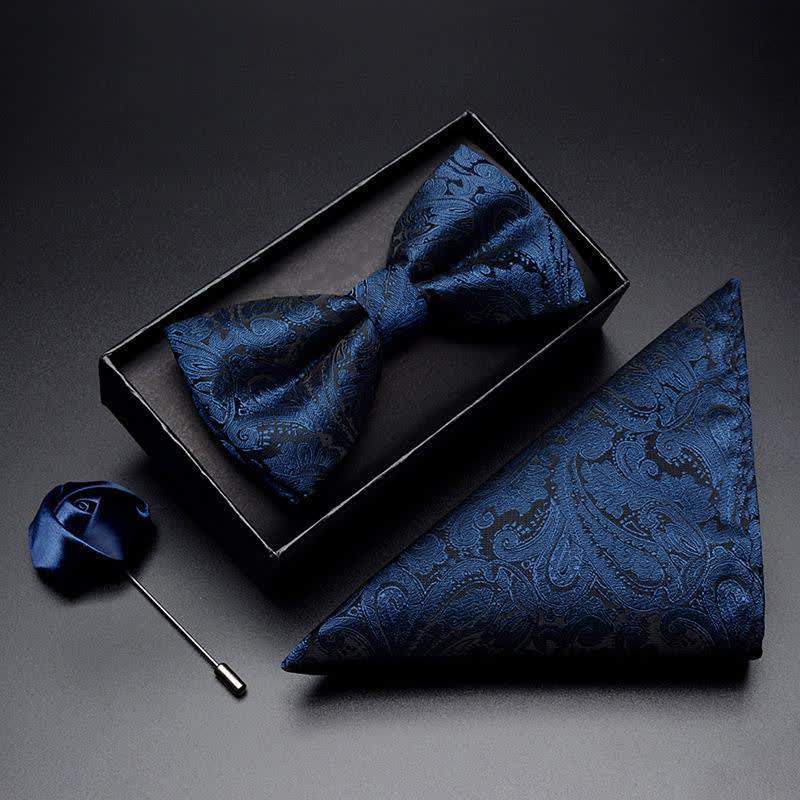 3Pcs Men's Navy Paisley Pocket Corsage Bow Tie Set