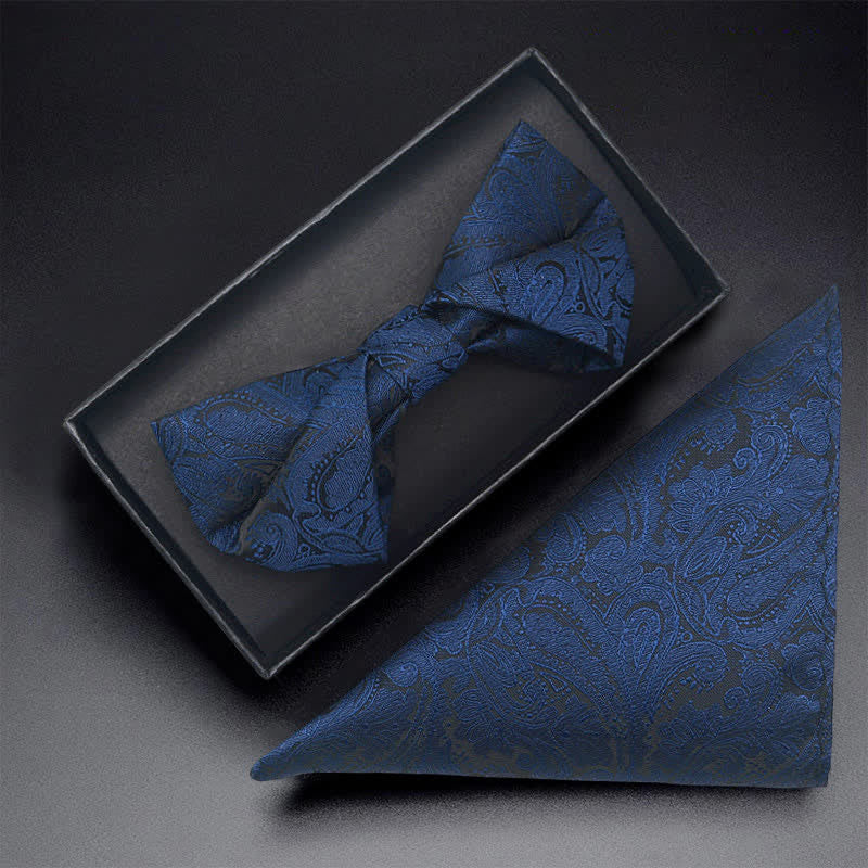 3Pcs Men's Navy Paisley Pocket Corsage Bow Tie Set