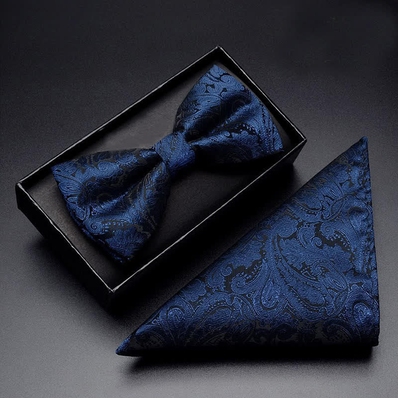 3Pcs Men's Navy Paisley Pocket Corsage Bow Tie Set