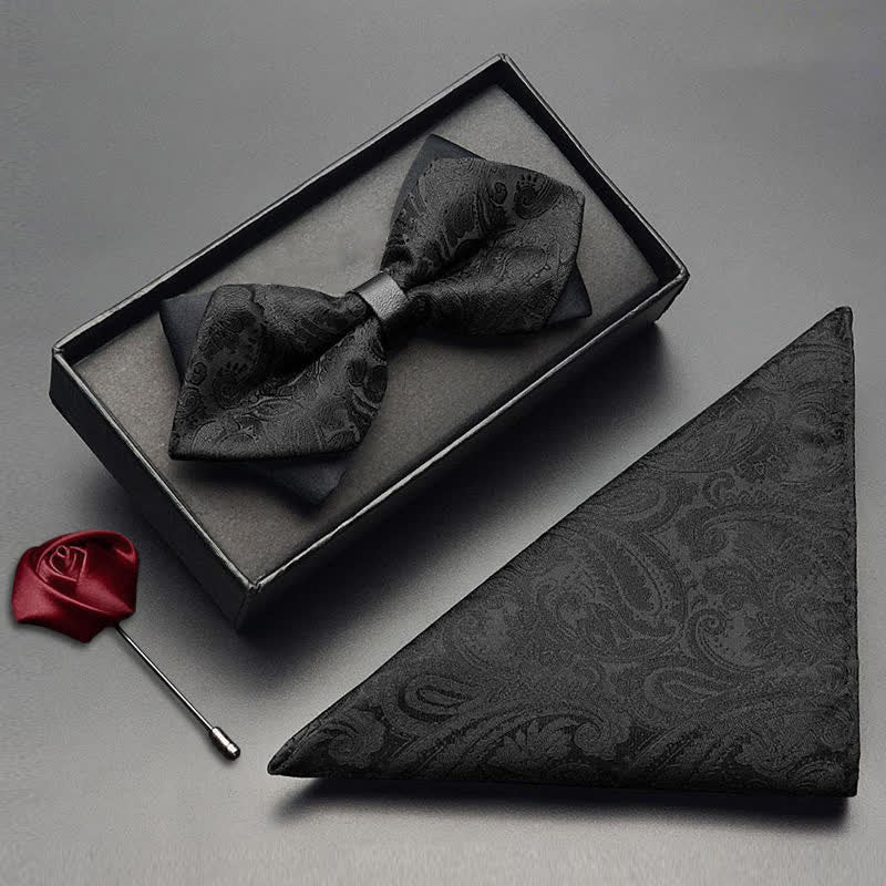 3Pcs Men's Black Paisley Pocket Corsage Bow Tie Set