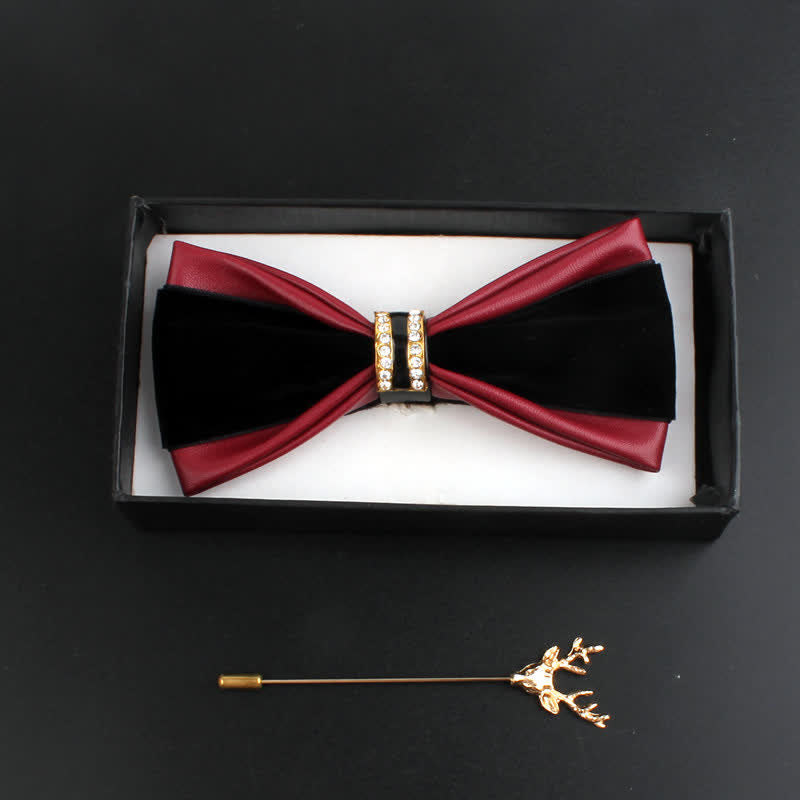 2Pcs Men's Crystal Decoration PU Leather Deer Pin Bow Tie Set