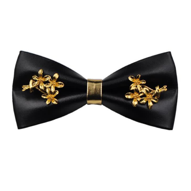 Men's Gold Metal Flower Accent Black PU Leather Bow Tie