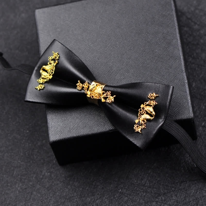 Men's Gold Metal Flower Accent Black PU Leather Bow Tie