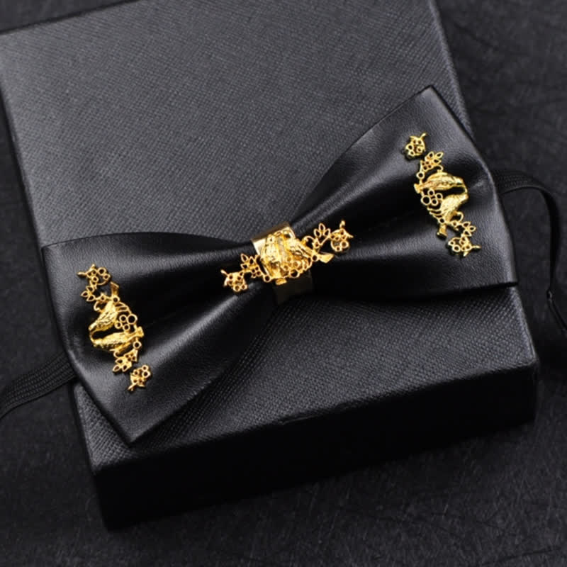 Men's Gold Metal Flower Accent Black PU Leather Bow Tie