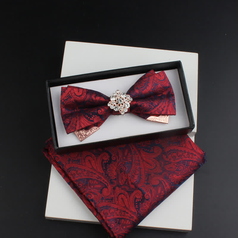 2Pcs Men's Paisley Double Layers Gold Metal Decors Bow Tie Set