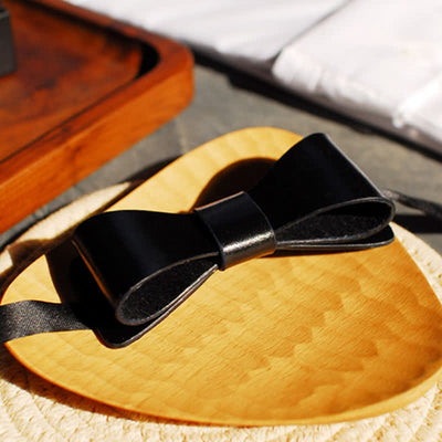 Men's Hand-Stitched Black Plant Tanned Leather Bow Tie