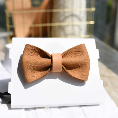 Men's Embossing Flower Plant Tanned Leather Bow Tie