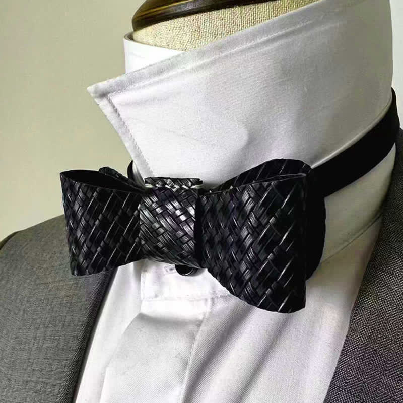 Men's Black Weave Pattern Genuine Leather Bow Tie