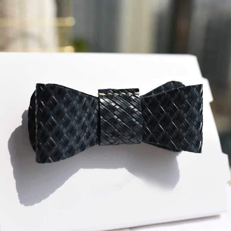 Men's Black Weave Pattern Genuine Leather Bow Tie