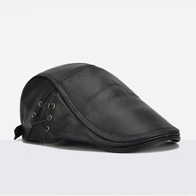 Side Lace-Up Cowhide Leather Beret Hat