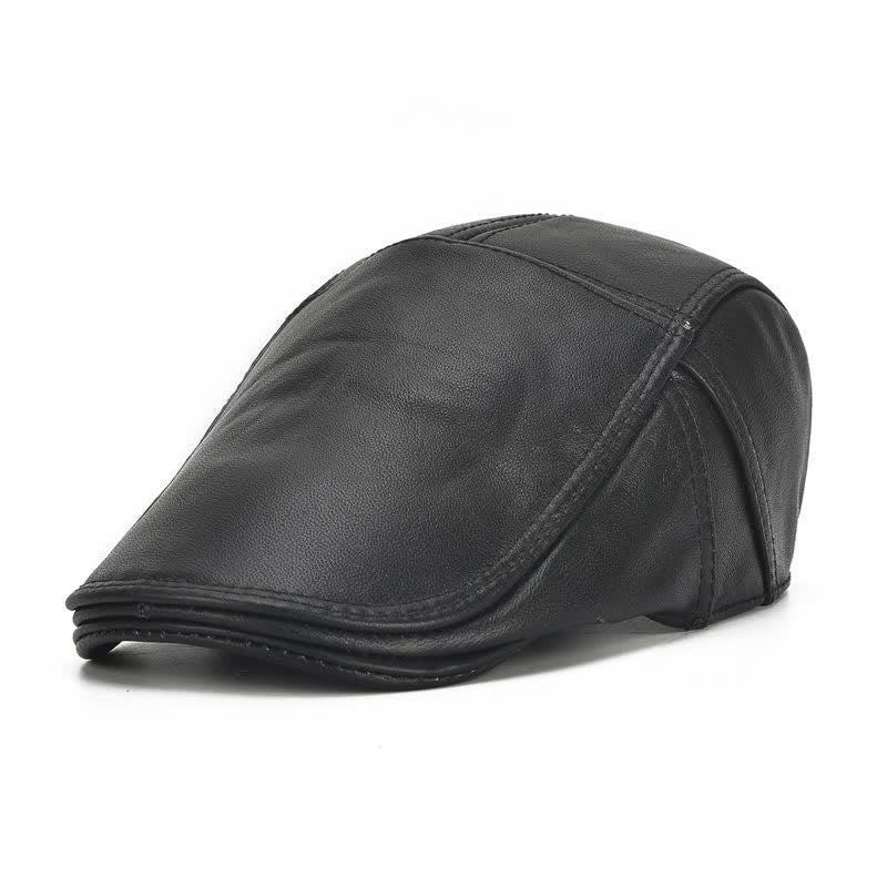 Side Lace-Up Cowhide Leather Beret Hat