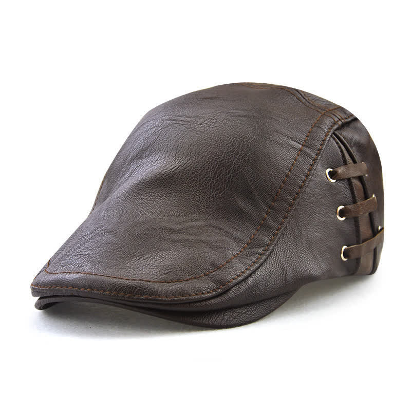 Fashion Side Lace-Up Design Leather Beret Hat