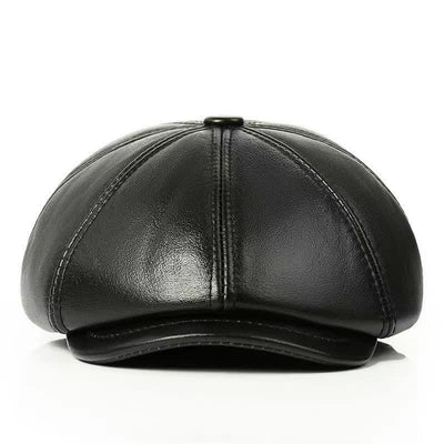 Classic Solid Color Cowhide Leather Beret Hat with Ear Flap