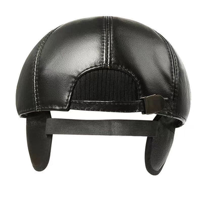 Classic Solid Color Cowhide Leather Beret Hat with Ear Flap