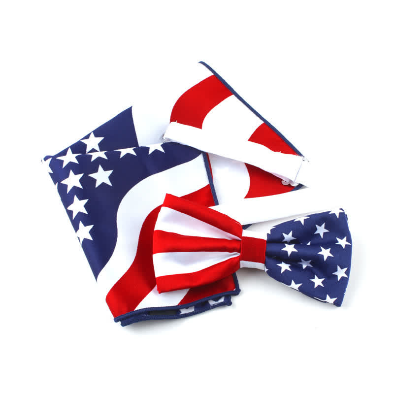 3Pcs Men's American Flag Printed Bow Tie Hankerchief Necktie Set