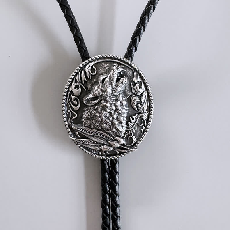 Howling Wolf Head Surrounding Leaves Bolo Tie