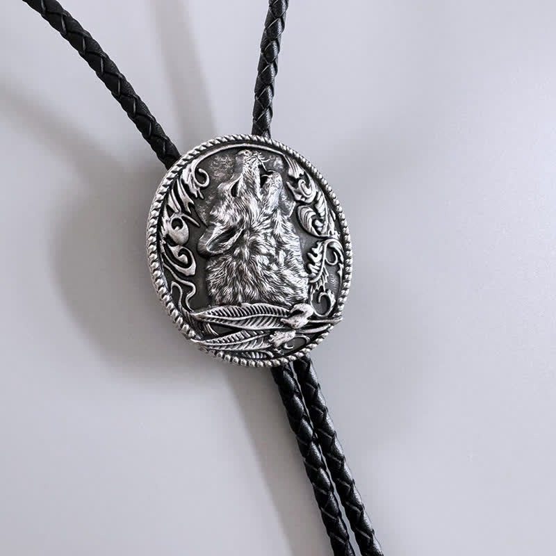 Howling Wolf Head Surrounding Leaves Bolo Tie