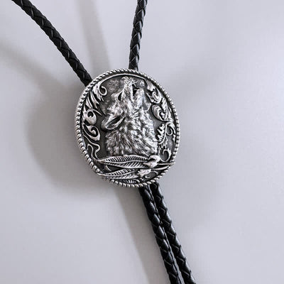 Howling Wolf Head Surrounding Leaves Bolo Tie