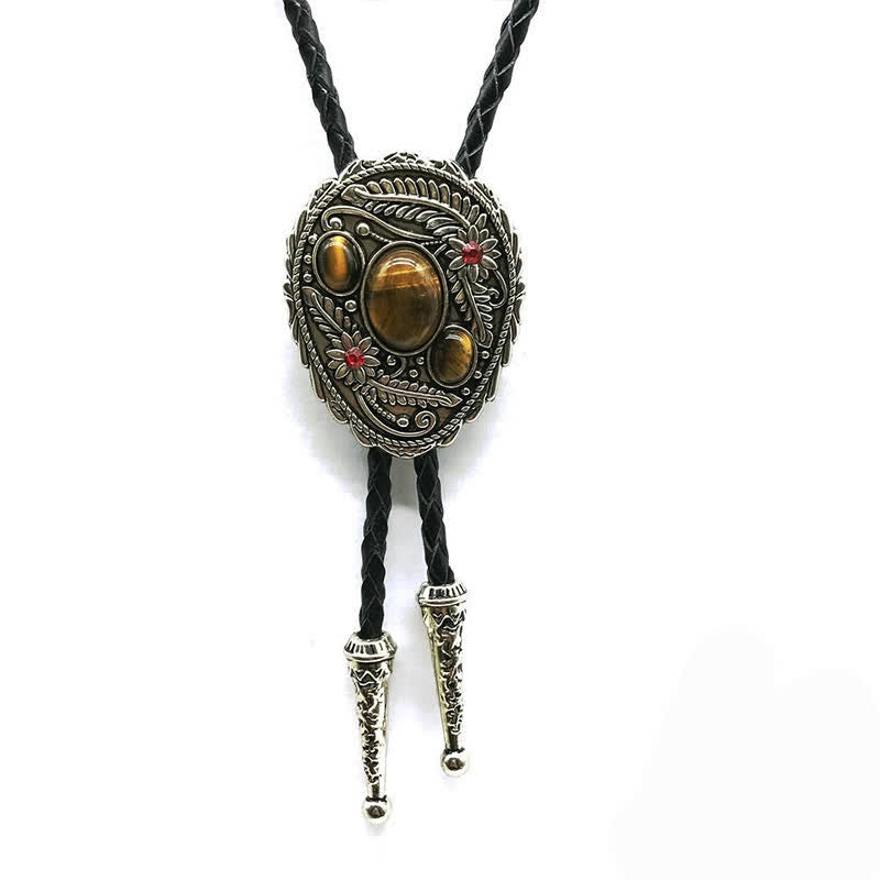 Carved Flower Triple Stone Inlaid Bolo Tie