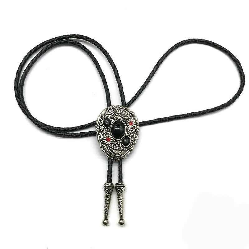 Carved Flower Triple Stone Inlaid Bolo Tie