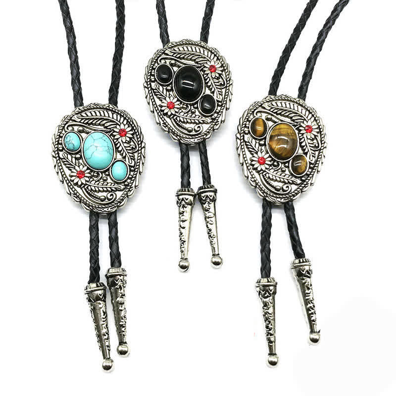 Carved Flower Triple Stone Inlaid Bolo Tie