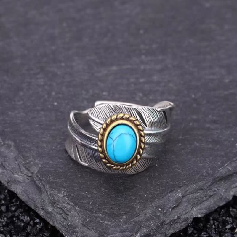 Men's Turquoise Feather Open Size Asjustable Ring