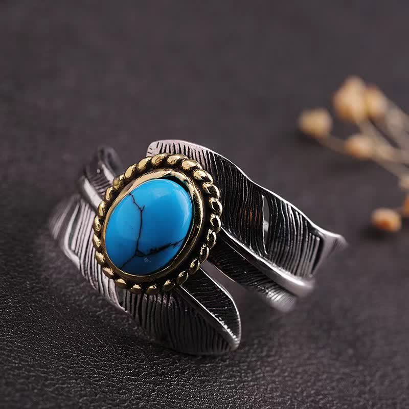 Men's Turquoise Feather Open Size Asjustable Ring