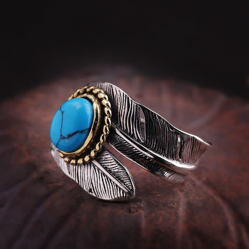 Men's Turquoise Feather Open Size Asjustable Ring