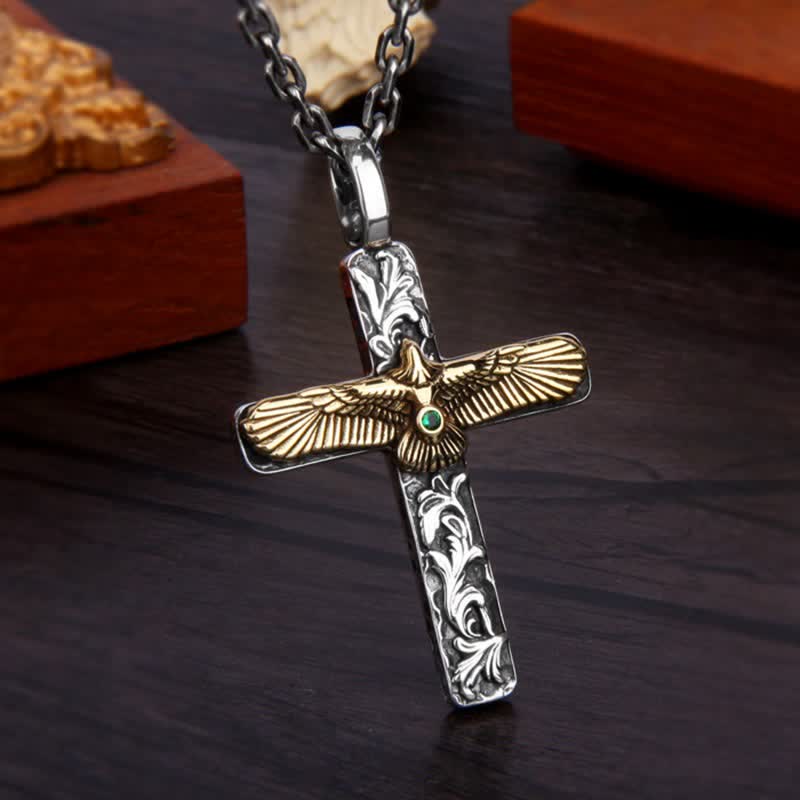 Antique Gold & Silver Eagle Cross Necklace