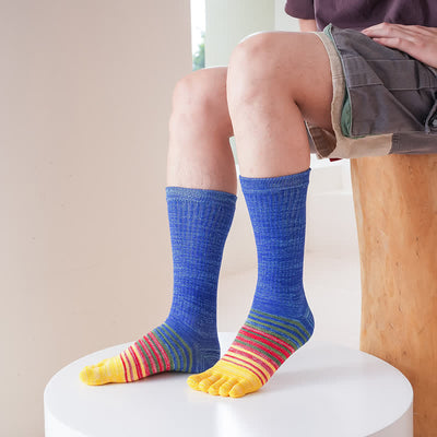 Men's Cozy Mid-Calf Colorful Striped Five Finger Socks