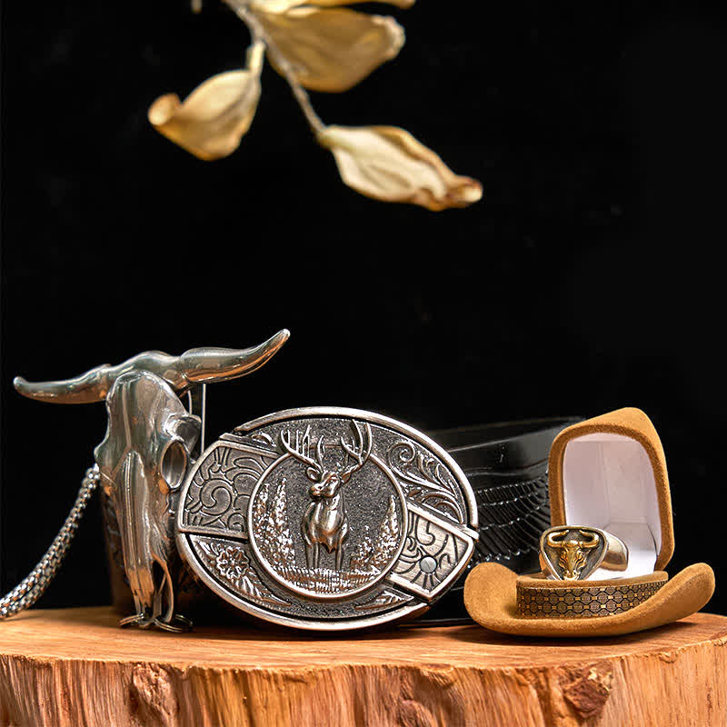 Deer DIY Hidden Knife Belt Buckle Longhorn Bull Pendant Ring Bundle Set