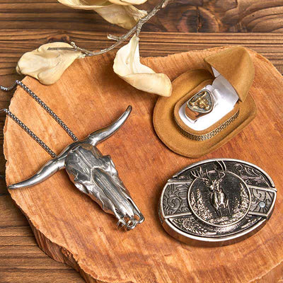 Deer DIY Hidden Knife Belt Buckle Longhorn Bull Pendant Ring Bundle Set