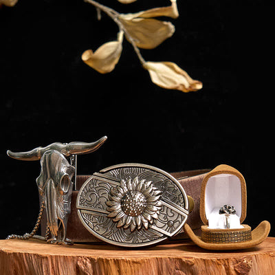 Sunflower DIY Hidden Knife Belt Buckle Bull Pendant Rose Ring Bundle Set