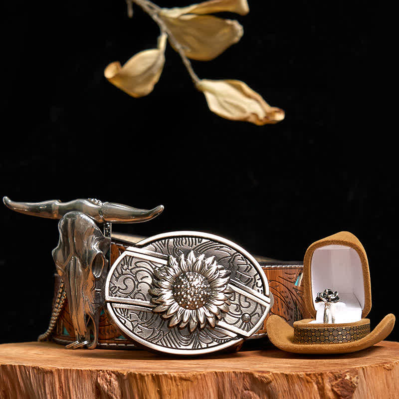 Sunflower DIY Hidden Knife Belt Buckle Bull Pendant Rose Ring Bundle Set