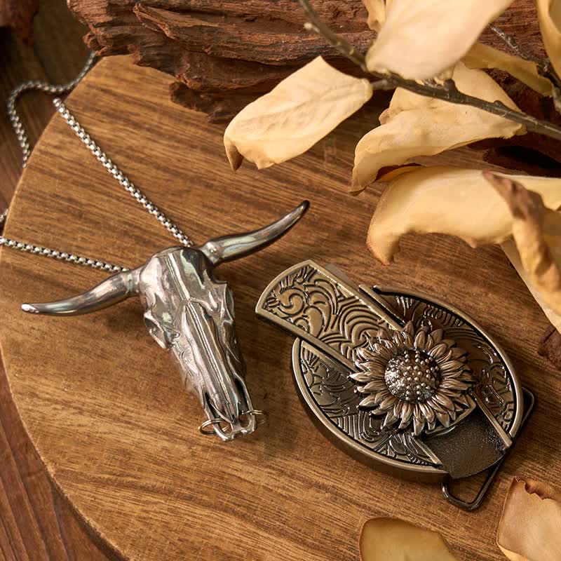 Sunflower DIY Hidden Knife Belt Buckle Bull Pendant Rose Ring Bundle Set