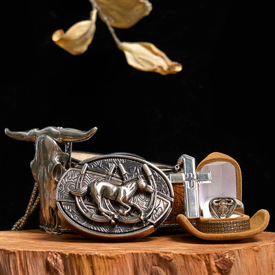 DIY Horse Hidden Knife Belt Buckle Cross Necklace Bull Pendant Ring Bundle Set