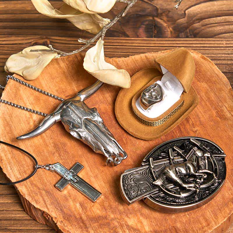 DIY Horse Hidden Knife Belt Buckle Cross Necklace Bull Pendant Ring Bundle Set