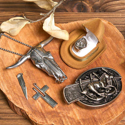 DIY Horse Hidden Knife Belt Buckle Cross Necklace Bull Pendant Ring Bundle Set