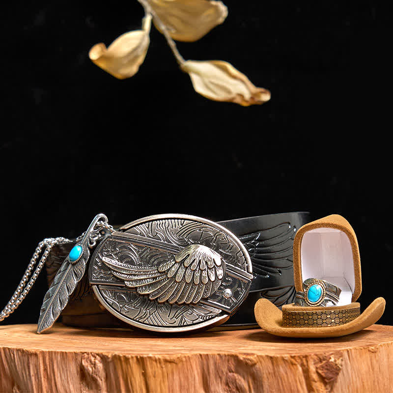 Angle Wing DIY Hidden Knife Belt Buckle Turquoise Feather Necklace Ring Bundle Set