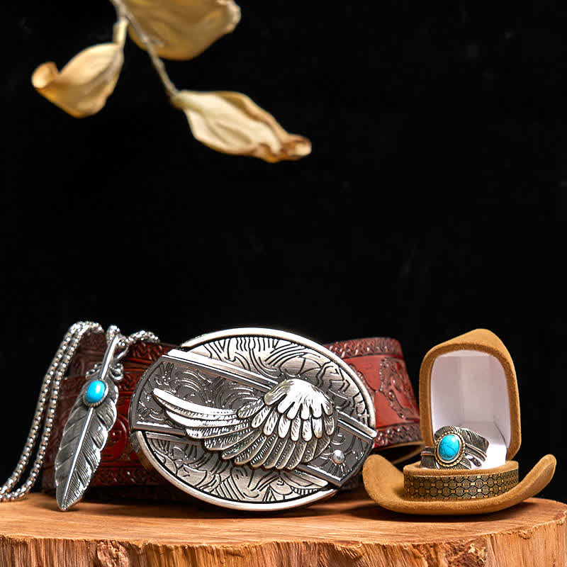 Angle Wing DIY Hidden Knife Belt Buckle Turquoise Feather Necklace Ring Bundle Set