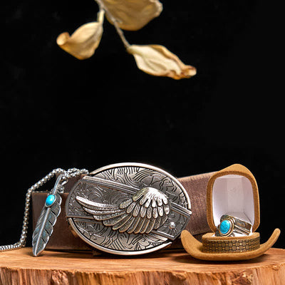 Angle Wing DIY Hidden Knife Belt Buckle Turquoise Feather Necklace Ring Bundle Set