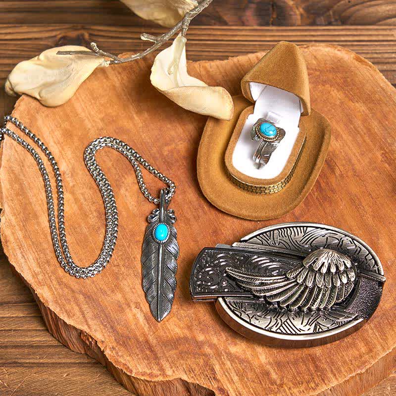 Angle Wing DIY Hidden Knife Belt Buckle Turquoise Feather Necklace Ring Bundle Set