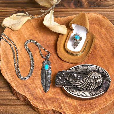 Angle Wing DIY Hidden Knife Belt Buckle Turquoise Feather Necklace Ring Bundle Set